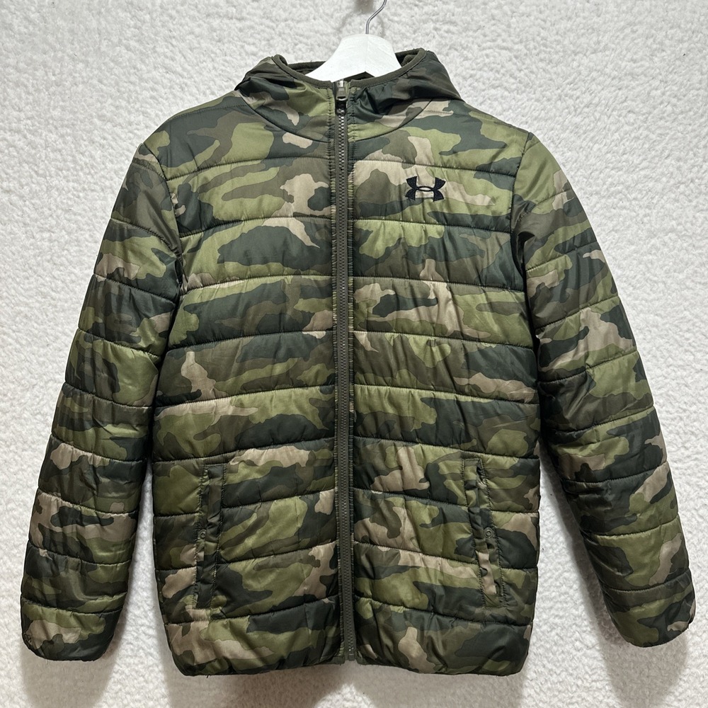 Under Armour Boys Long Sleeve Full Zip Reversible Green Puffer Jacket Size YM?
